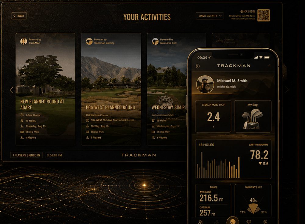 TrackMan software: activity screen in the bay and the TrackMan Golf app with handicap and stats